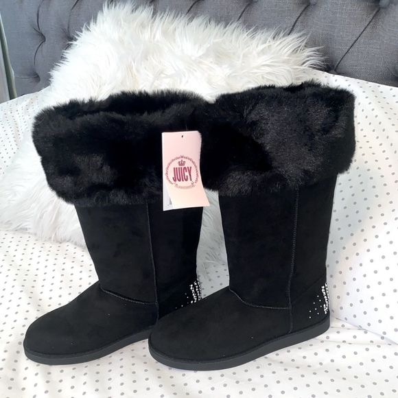 JUICY by Juicy Couture Black Fur Boots 8.5 M - Picture 1 of 9
